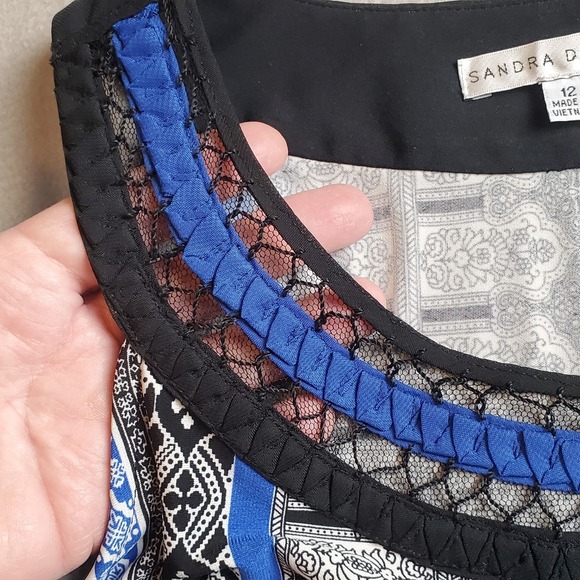 Sandra Darren Sheath Dress Women 12 Blue Black Geometric Print Stretch - Picture 15 of 16